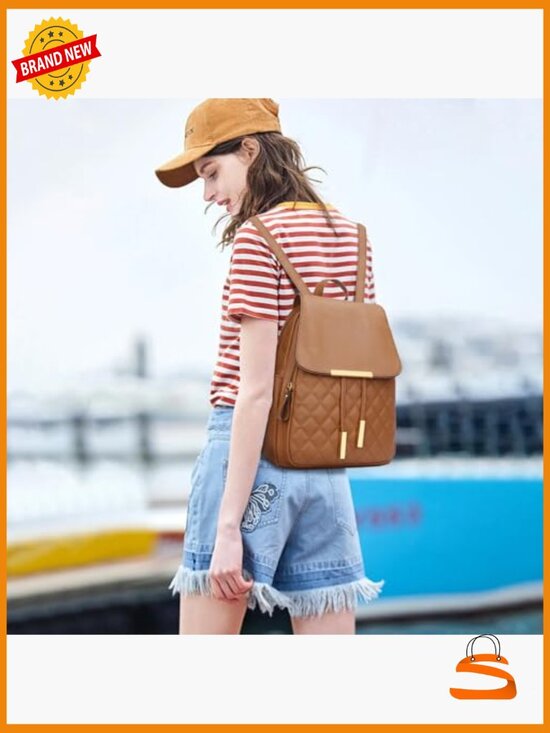 Quilted Faux Leather Backpack Purse with Wristlet - Women\'s Fashion Daypack main image 6